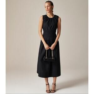 J.Crew Petite Hyacinth Midi Dress Sz PL Black A-Line Smocked Sleeveless Pockets